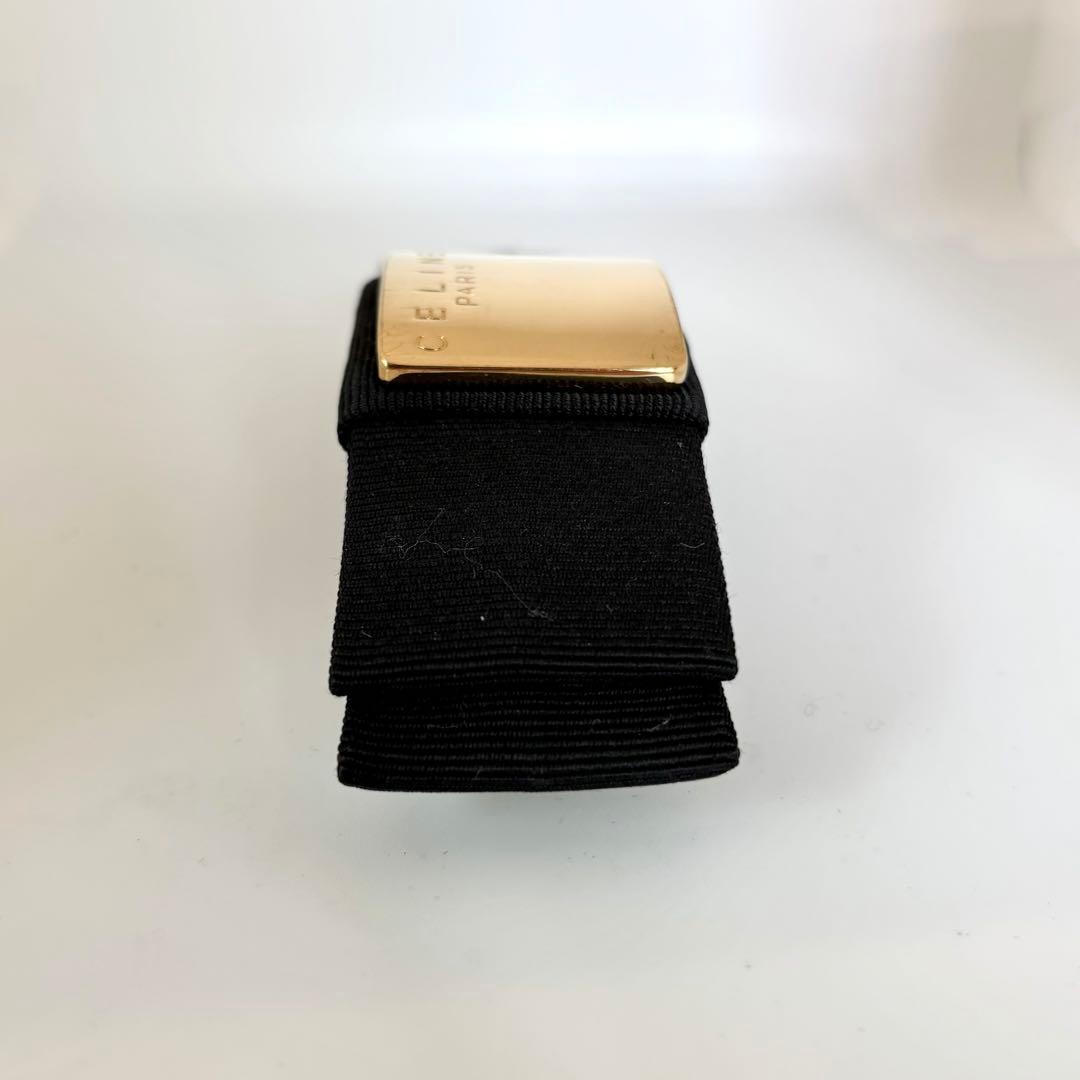 【美品】【セリーヌ】CELINE ロゴ リボン バレッタ 黒 ゴールド色金具