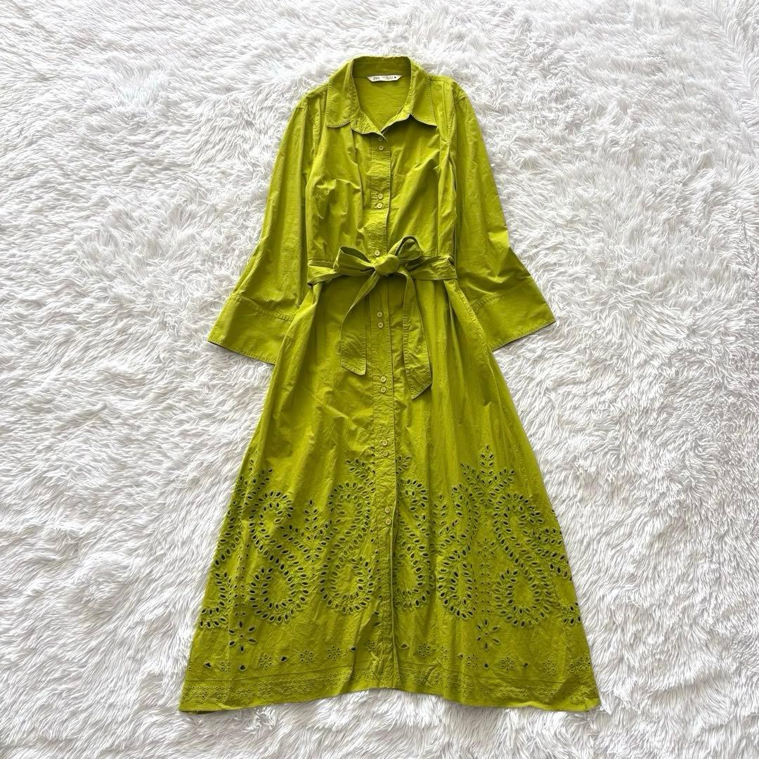 ザラ ワンピース L 大きいサイズ エンブロイダリー リボンベルト 刺繍 長袖