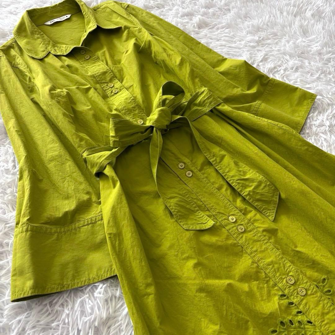 ザラ ワンピース L 大きいサイズ エンブロイダリー リボンベルト 刺繍 長袖