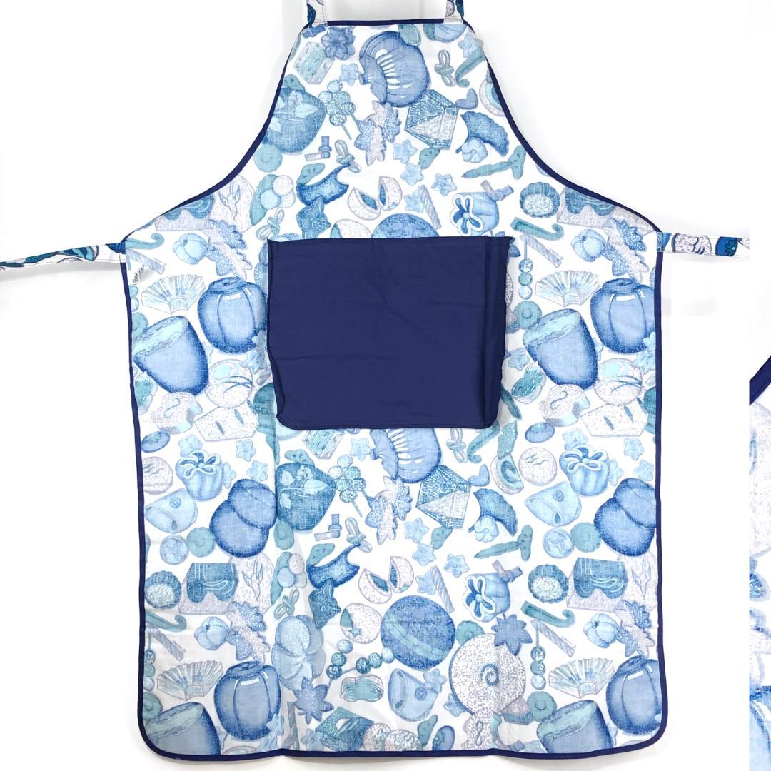 【美品・箱付き】エルメス／調理用エプロン 和洋折衷絵柄／ネイビー