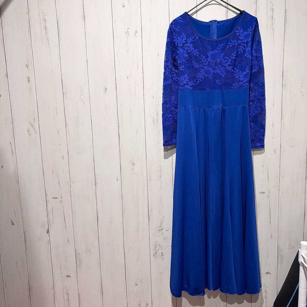 華やかロイヤルブルー レース ロングドレス ダンス 舞台衣装 パーティー