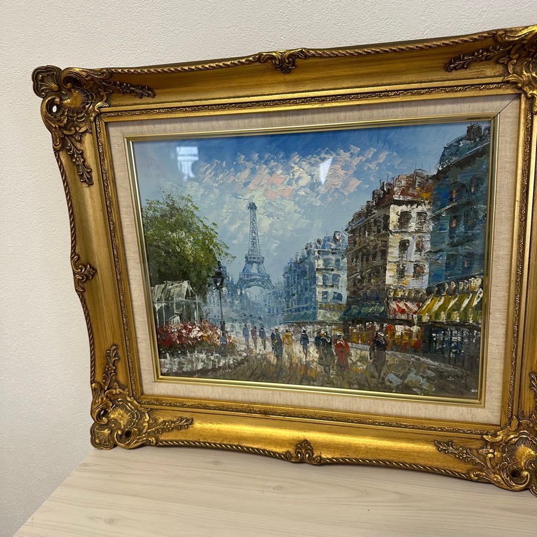 絵画 油絵 「パリの街」エッフェル塔 フランス 額縁セット C.Burnett