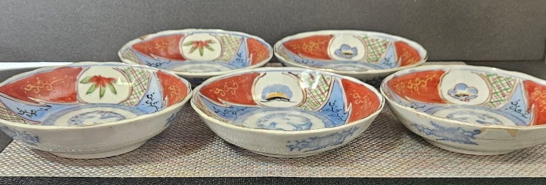 明治時代　印判手描き　金彩色絵　松竹梅の図　径15.8cm　深皿　なます皿　5客