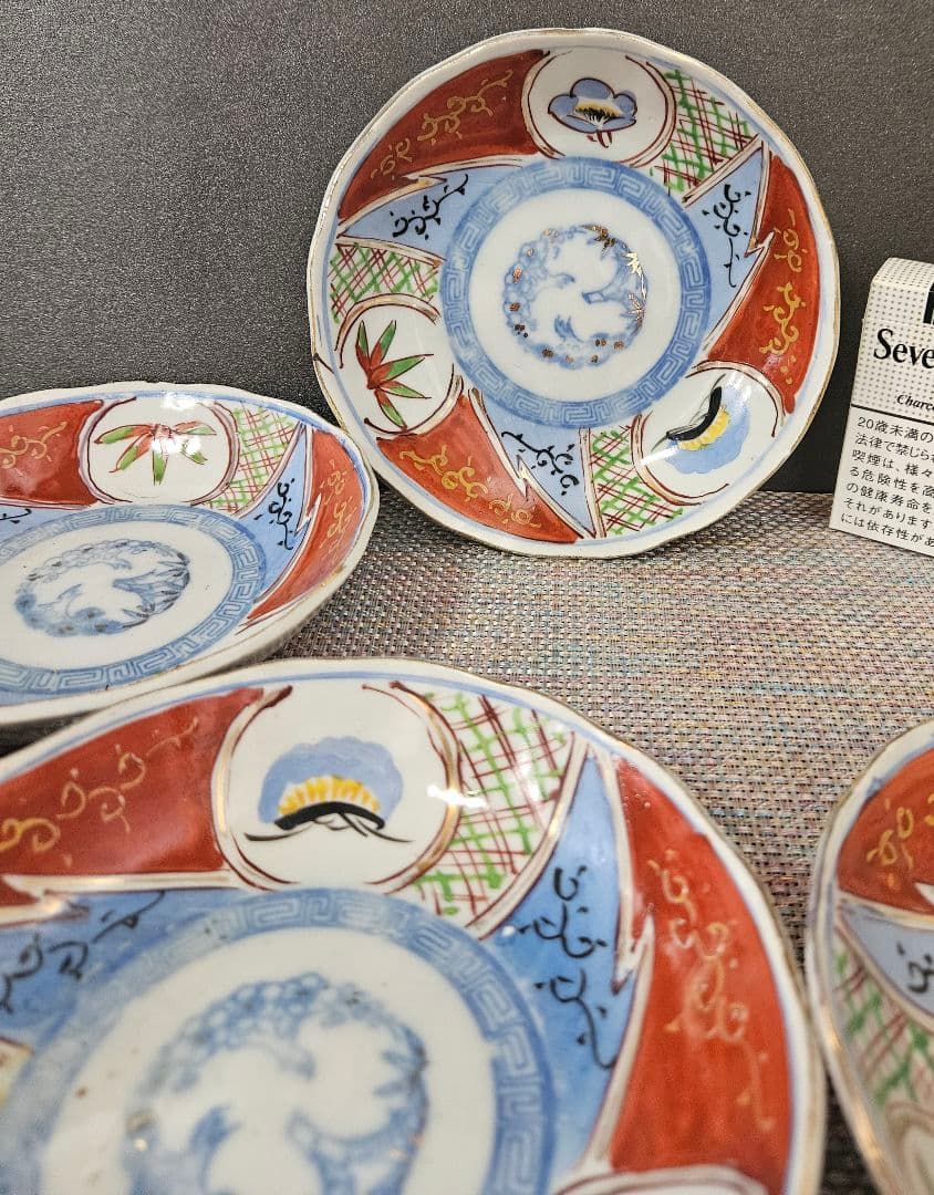 明治時代　印判手描き　金彩色絵　松竹梅の図　径15.8cm　深皿　なます皿　5客