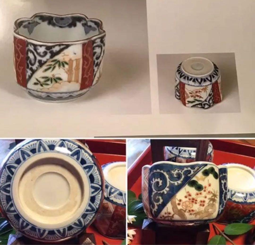 A1057古伊万里　最上手　染錦手　逆蛸唐草　松竹梅　波縁形鉢　向付　1客