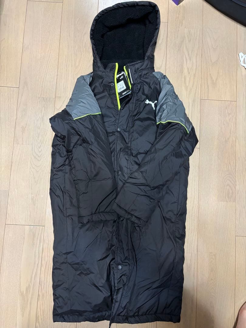 PUMA フード付きベンチコート 黒/グレー160cm