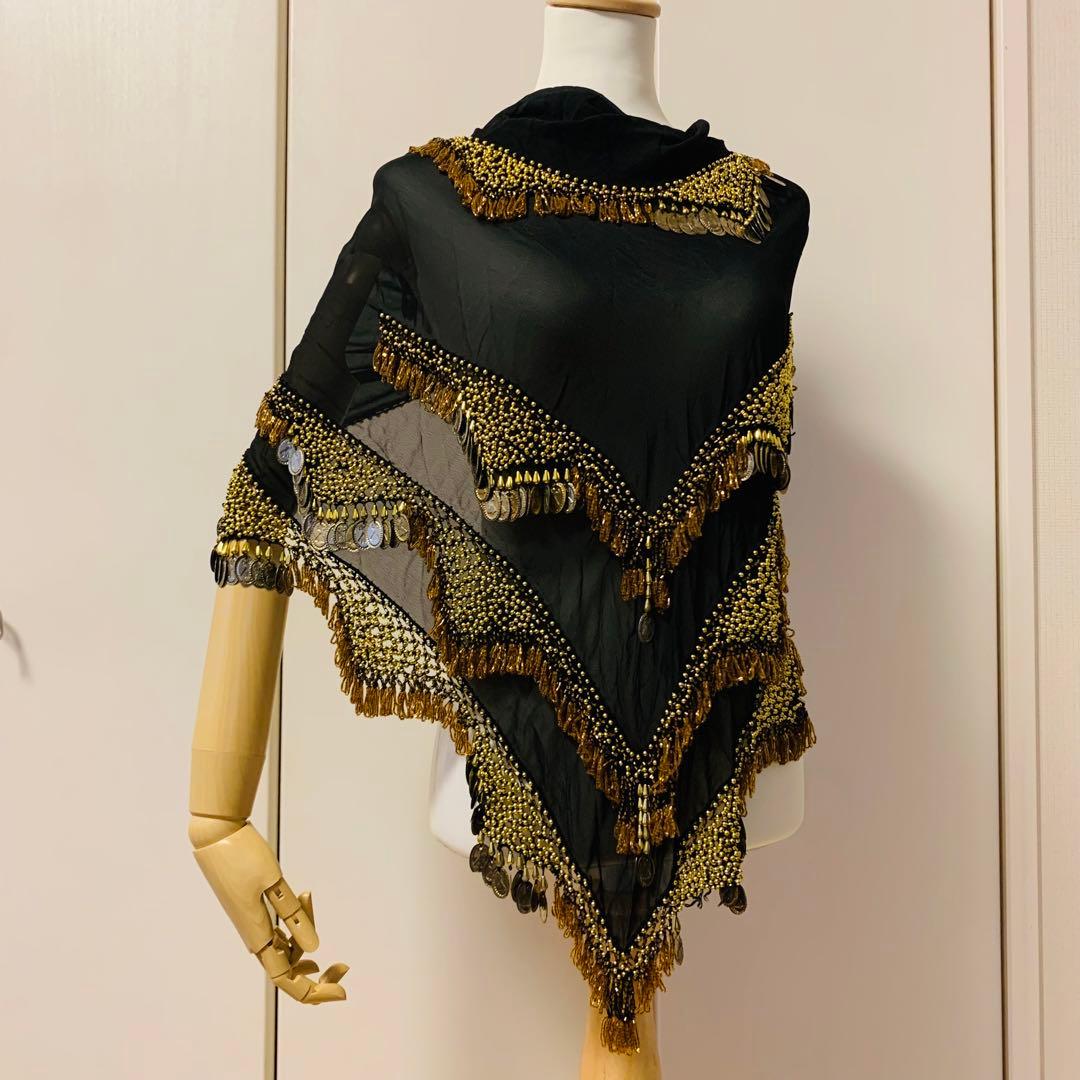 ベリーダンス　ヒップスカーフ　ゴールド　　ブラック　ビーズ　ゴージャス