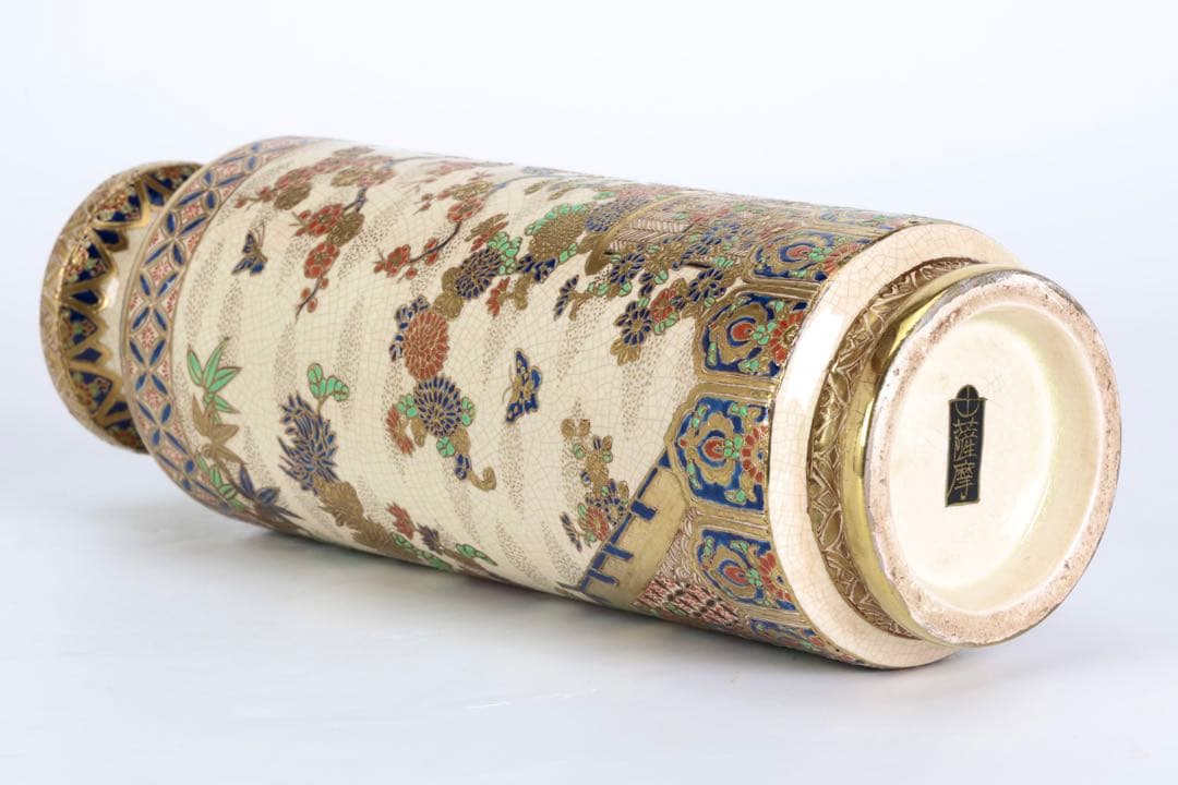 明治期 薩摩焼【薩摩十字家紋】金襴手 竹梅菊文 花瓶 花器 壺 古美術 骨董品