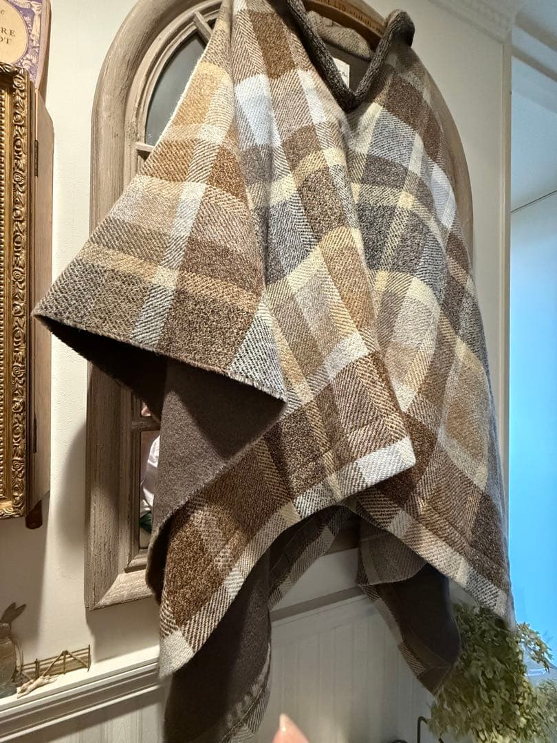 美品【45R】HAPPY 14 ツイードPONCHO ウール