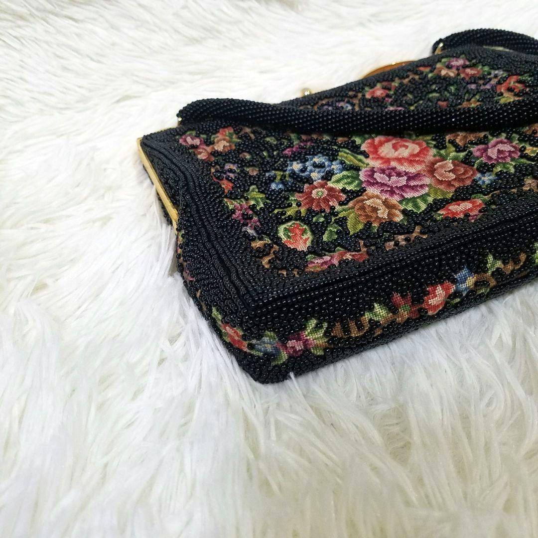 【極美品】プチポワン ビーズバッグ 花柄刺繍 がま口 ヴィンテージ