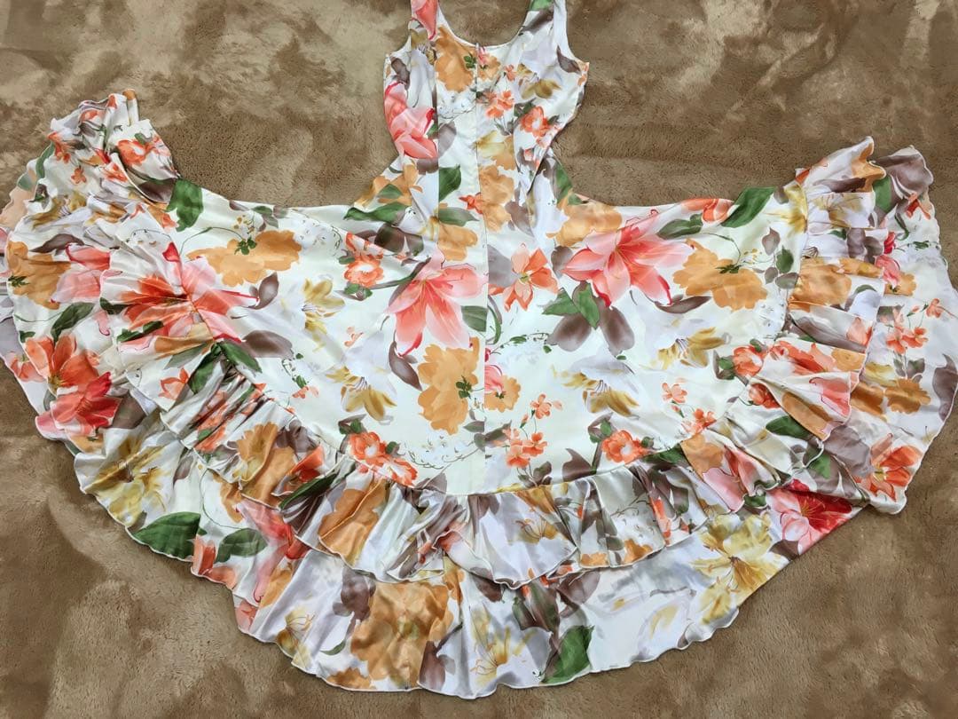 フラメンコ　ワンピース　ドレス　花柄　フラワー　フリル　ノースリーブ　オレンジ