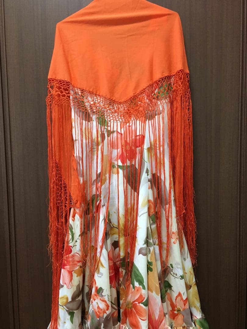 フラメンコ　ワンピース　ドレス　花柄　フラワー　フリル　ノースリーブ　オレンジ