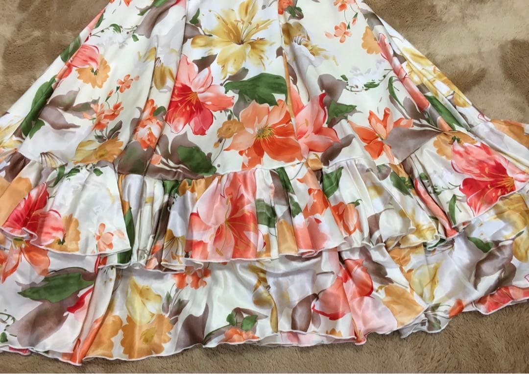 フラメンコ　ワンピース　ドレス　花柄　フラワー　フリル　ノースリーブ　オレンジ