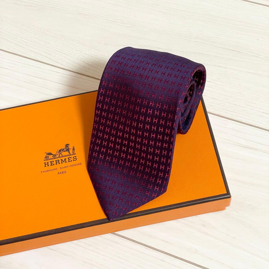 美品　HERMES　エルメス　ネクタイ　ファソネ　H柄　H織　ワインレッド　光沢