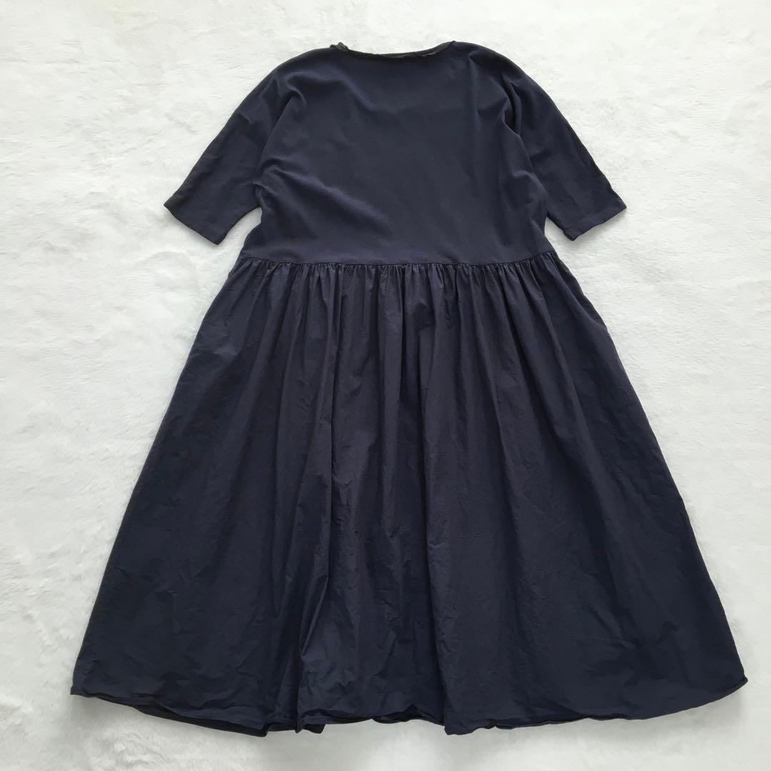 ビアズリー ロングワンピース 異素材 肩落ち ギャザー 上品 Aライン フレア