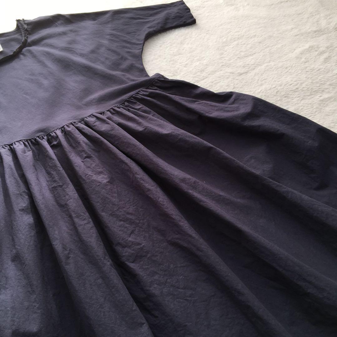 ビアズリー ロングワンピース 異素材 肩落ち ギャザー 上品 Aライン フレア