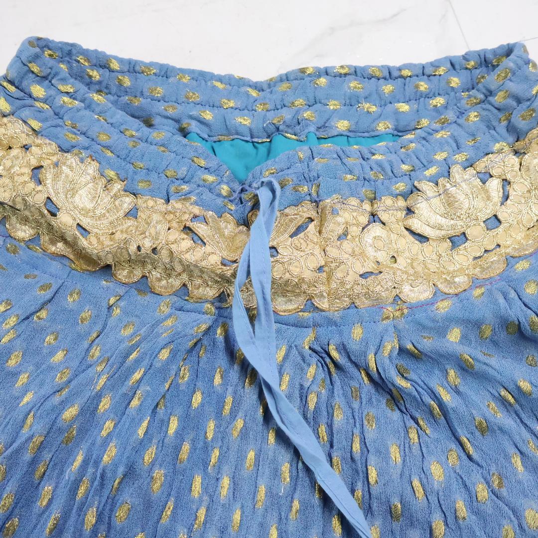 【ベリーダンス用 ボリウッド衣装】水色×ゴールド ラメ トップス スカート