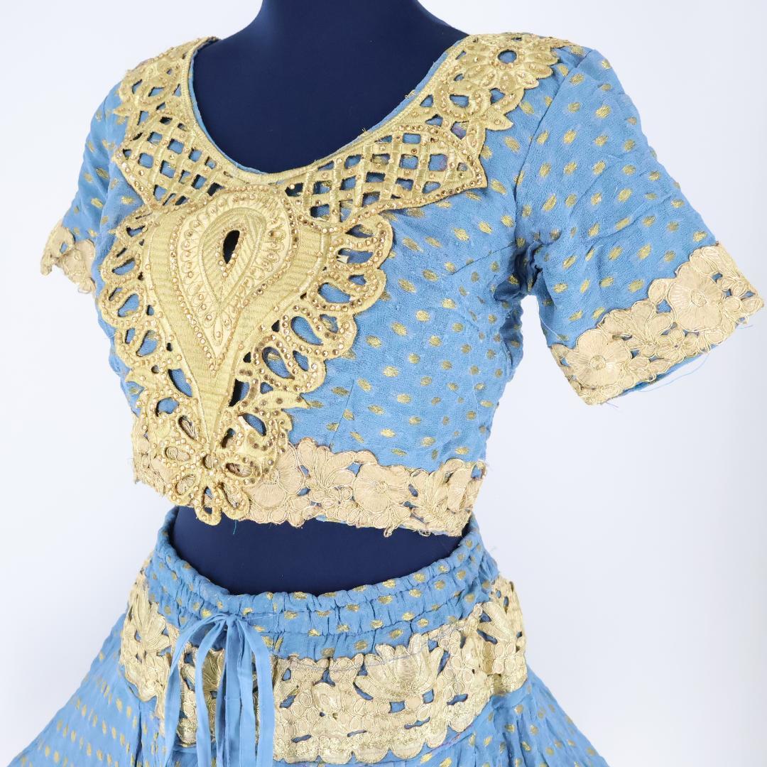 【ベリーダンス用 ボリウッド衣装】水色×ゴールド ラメ トップス スカート