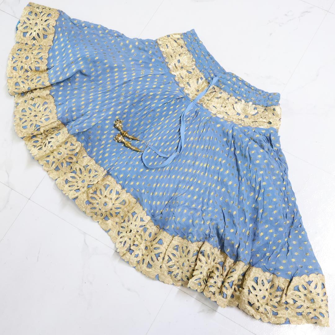 【ベリーダンス用 ボリウッド衣装】水色×ゴールド ラメ トップス スカート