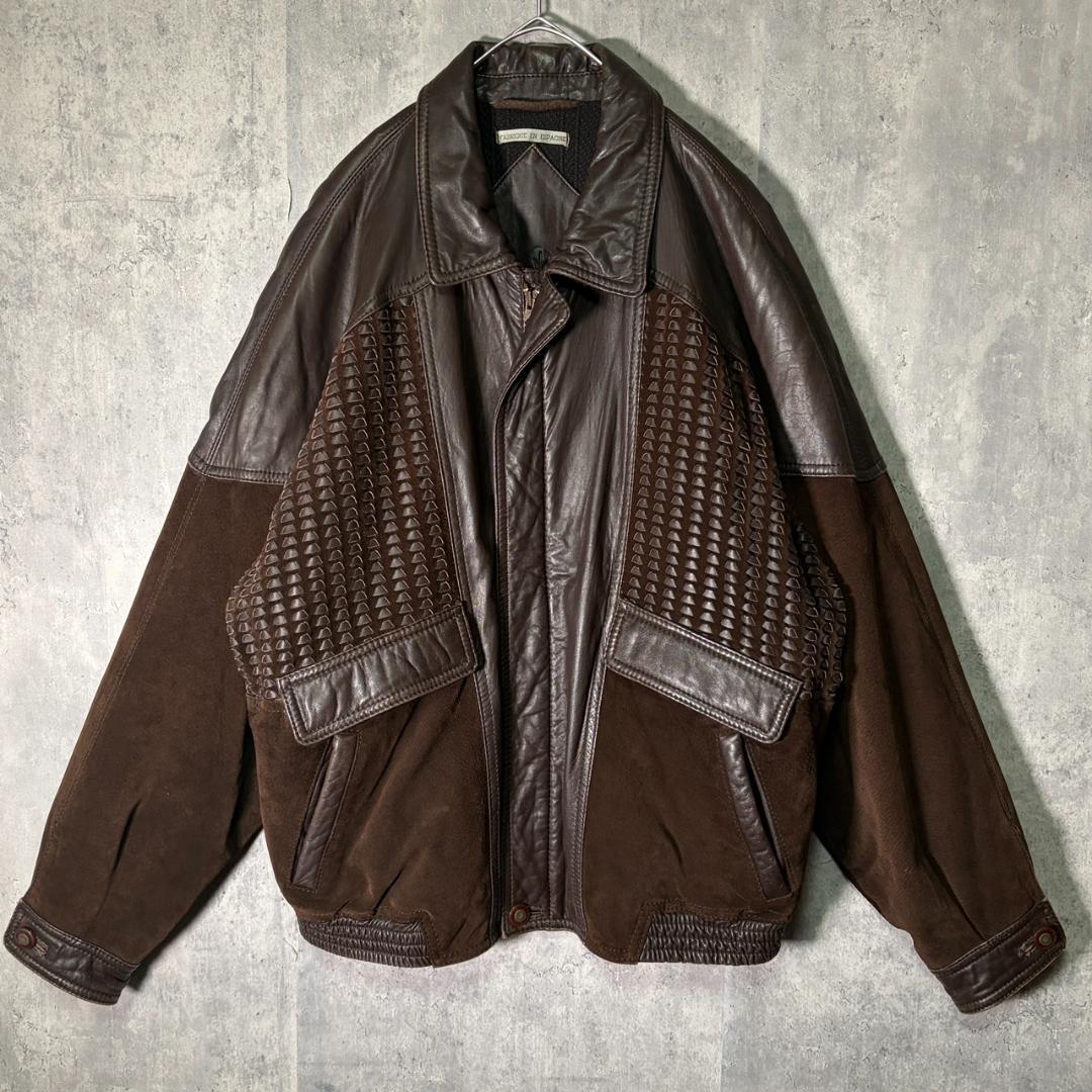 極上 スペインレザー ジャケット スエード編み込み 切替デザイン 短丈 茶色