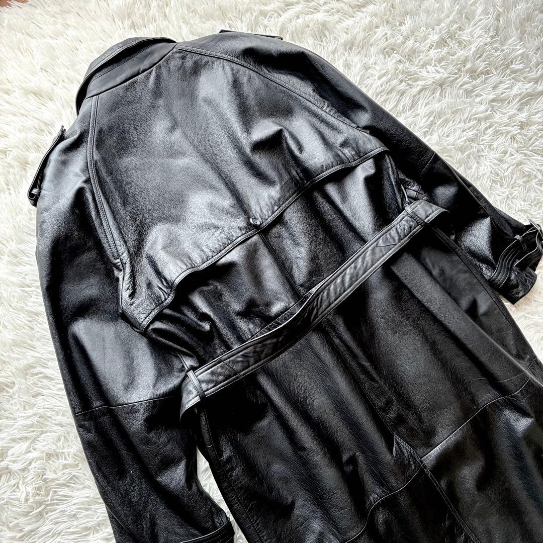 【希少】オールレザートレンチコート 牛革 XL ロング丈 ベルト ブラック