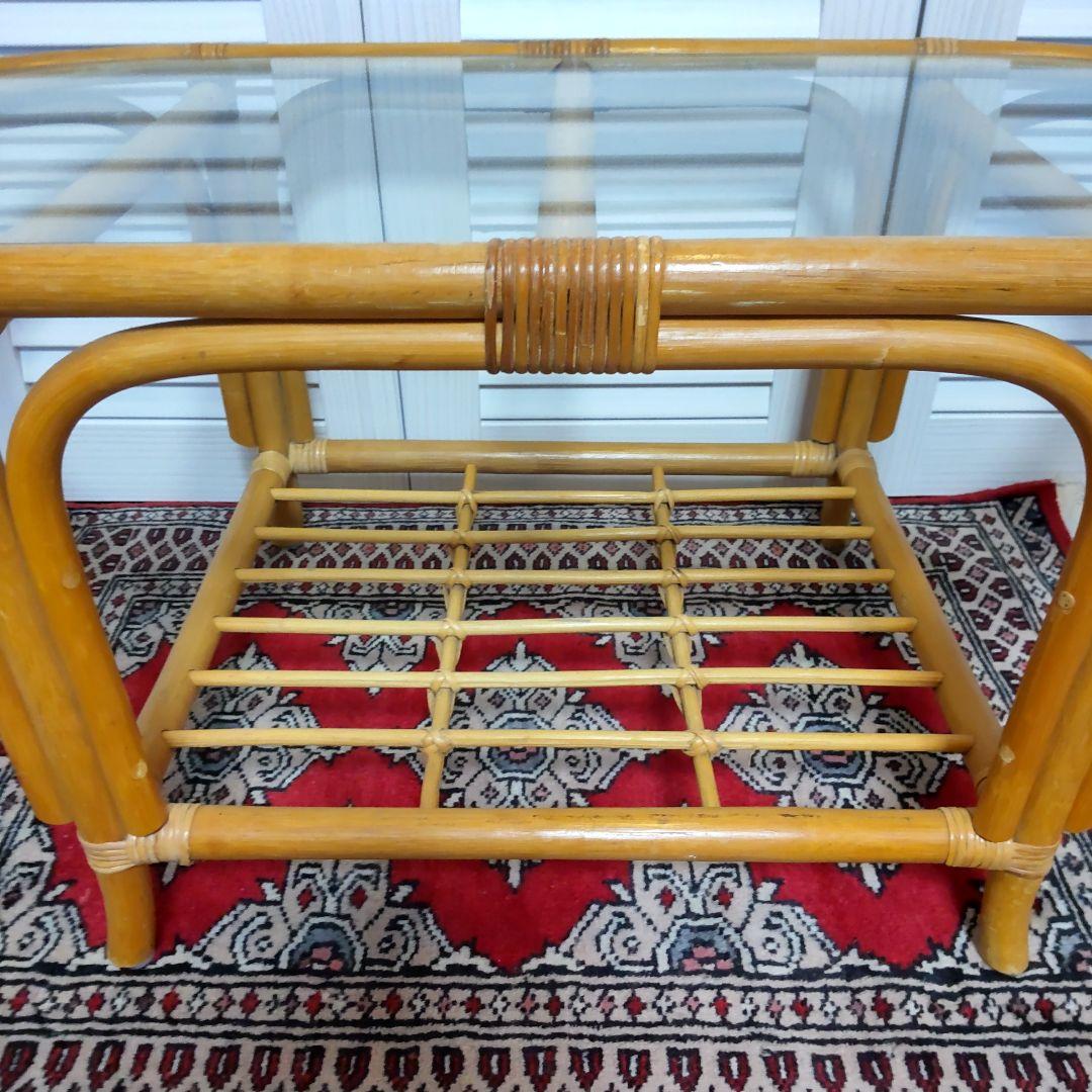 【籐ラタン　ガラステーブル】ヴィンテージ　昭和レトロ　古道具