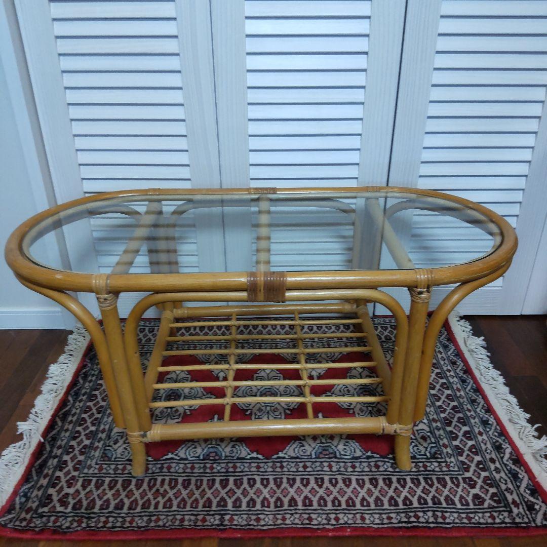 【籐ラタン　ガラステーブル】ヴィンテージ　昭和レトロ　古道具