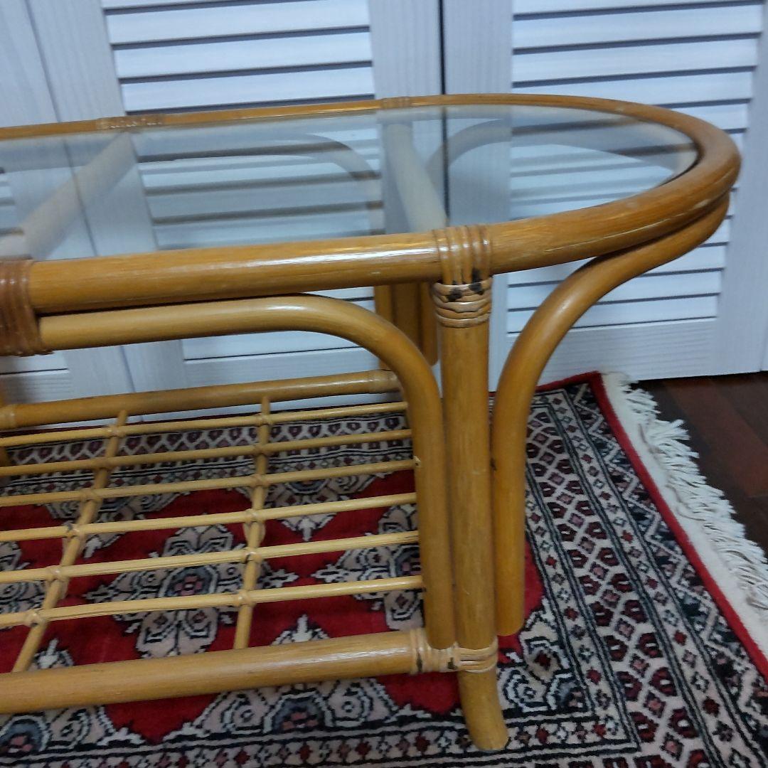 【籐ラタン　ガラステーブル】ヴィンテージ　昭和レトロ　古道具