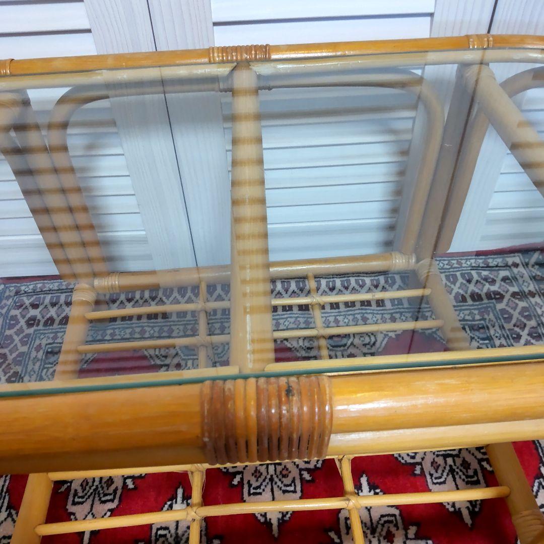 【籐ラタン　ガラステーブル】ヴィンテージ　昭和レトロ　古道具