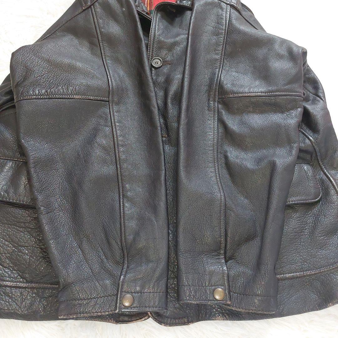 vintage オーバーサイズ リアルレザー カーコート 裏地レッド チェック柄