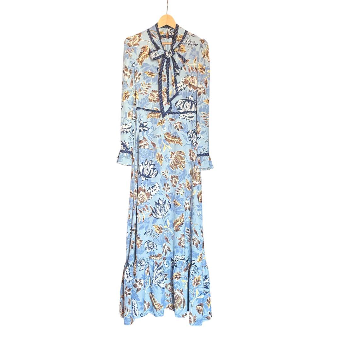 BCBG MAXAZRIA ロングワンピース　花柄　総柄　フラワー　ボウタイ