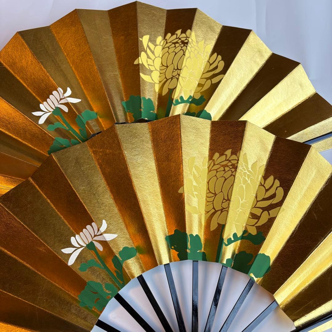 (976)舞扇　菊柄　2本セット　金色　リバーシブル