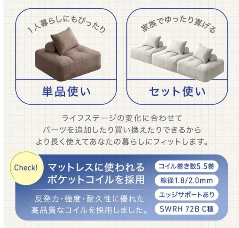 アイボリー ポケットコイルソファ 幅180cm