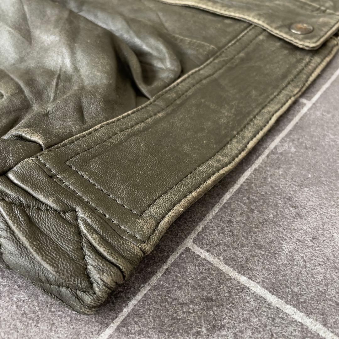 90s EURO 古着 本革 レザージャケット 深緑 カーキ系 54