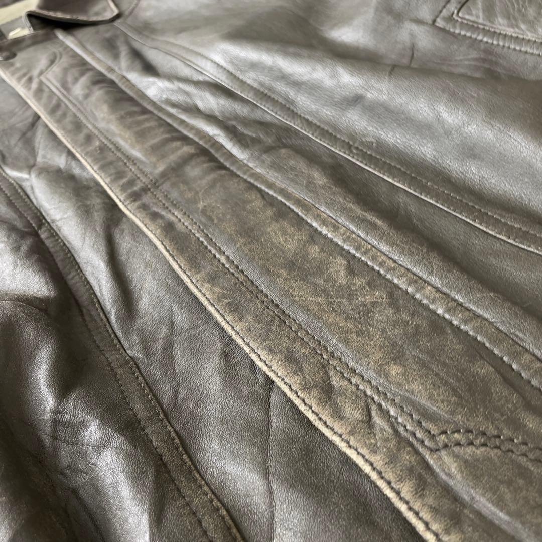 90s EURO 古着 本革 レザージャケット 深緑 カーキ系 54