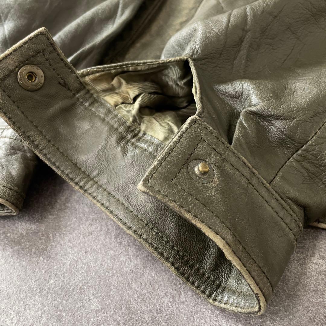 90s EURO 古着 本革 レザージャケット 深緑 カーキ系 54