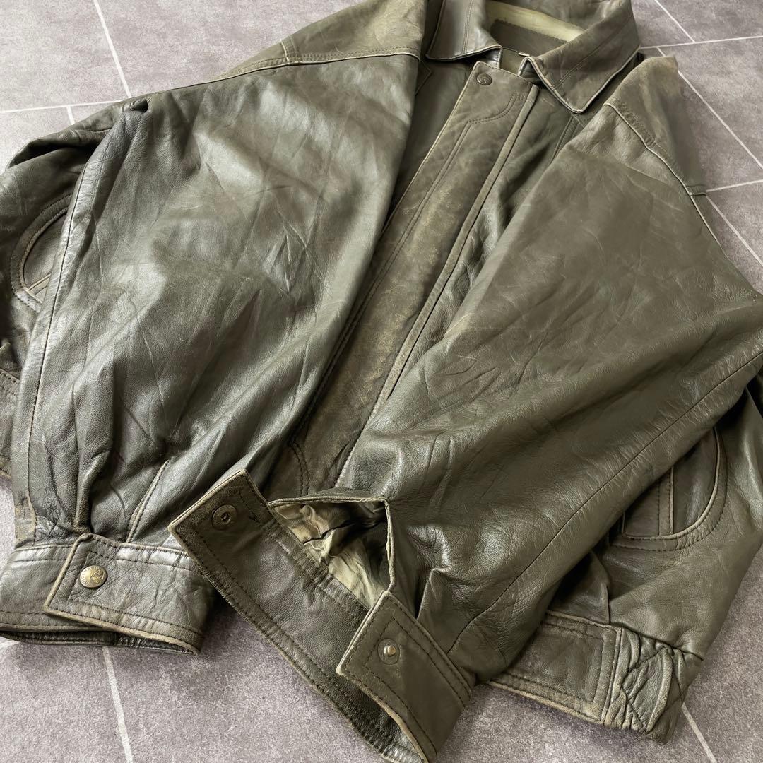 90s EURO 古着 本革 レザージャケット 深緑 カーキ系 54