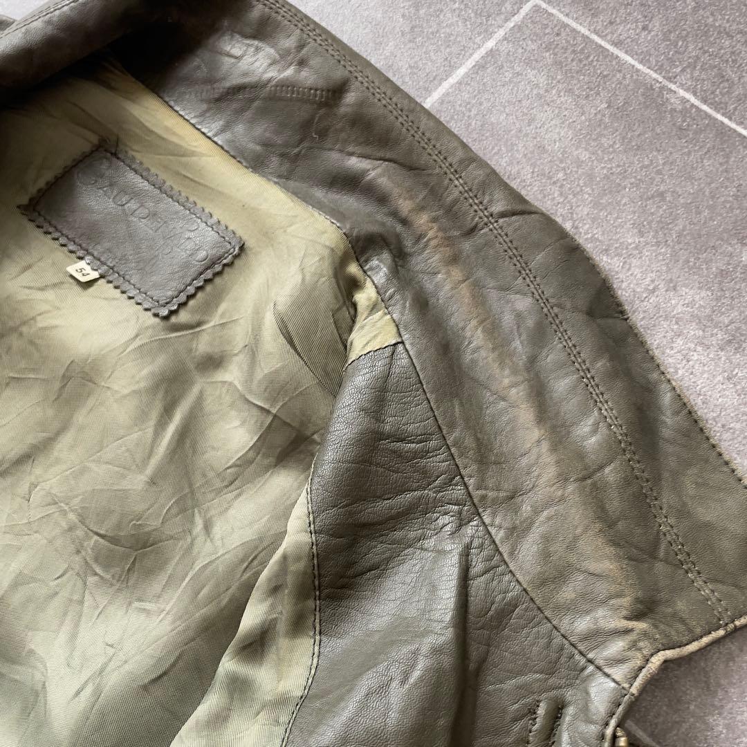 90s EURO 古着 本革 レザージャケット 深緑 カーキ系 54