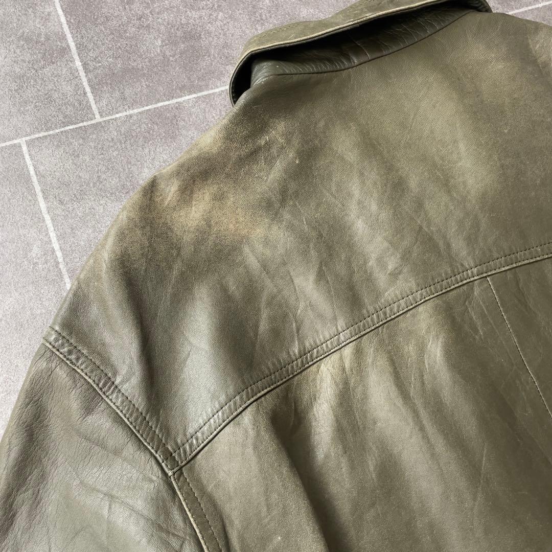 90s EURO 古着 本革 レザージャケット 深緑 カーキ系 54