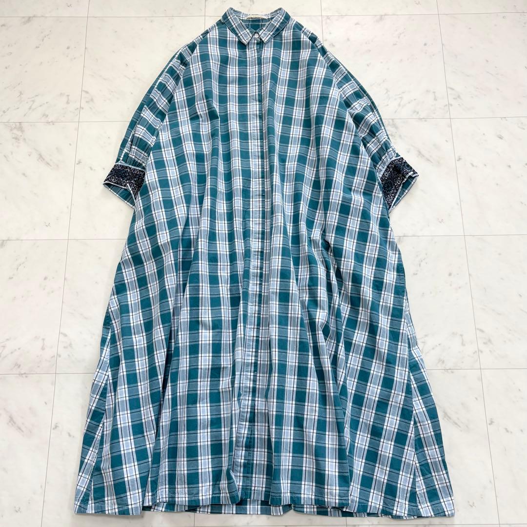 美品✨ヌキテパ　別注 チェック 刺繍 シャツワンピース　比翼　グリーン　完売品