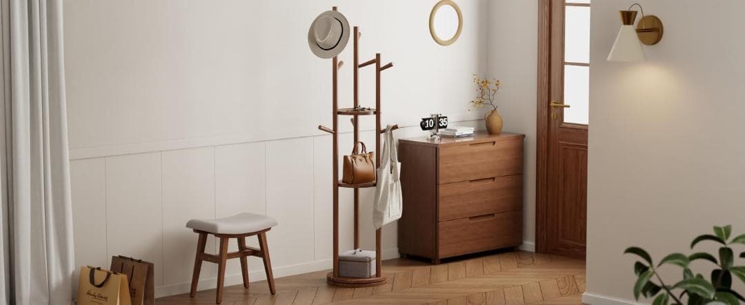 ナチュラルウッド 天然木 コートハンガー 回転式 3段棚付き ポールハンガー