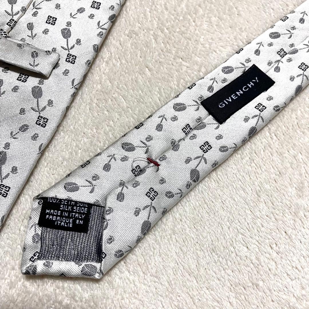 ジバンシー GIVENCHY 花柄 ロゴモノグラム ネクタイ ホワイトシルバー