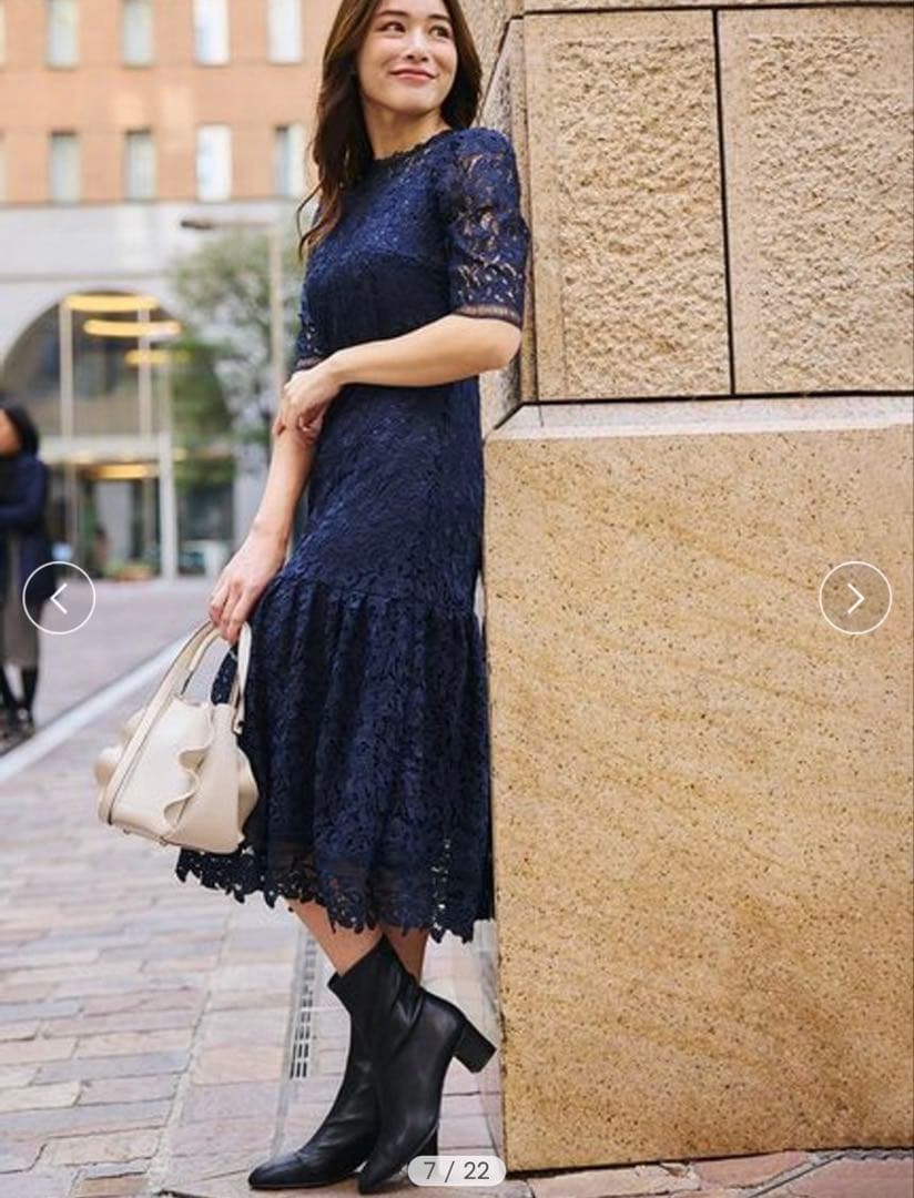 美品・CELFORD ネイビー レース 半袖 ワンピース 34