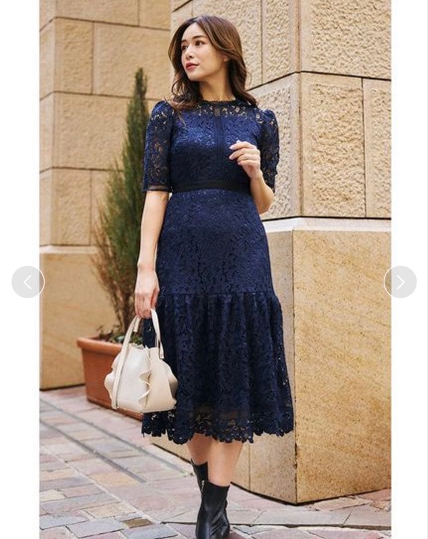 美品・CELFORD ネイビー レース 半袖 ワンピース 34