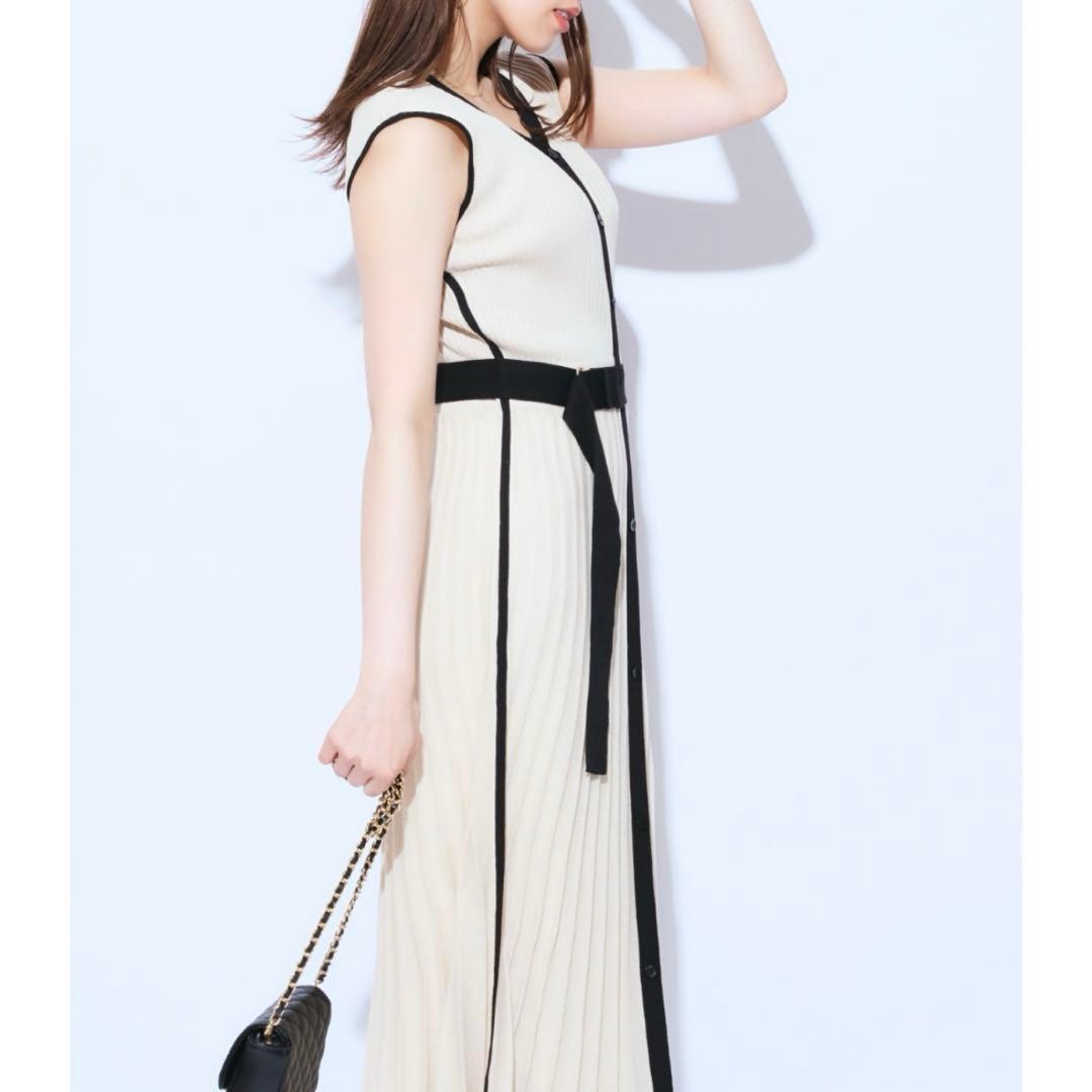 Mystrada 配色ニットワンピース 38 ベルト付 プリーツロング ホワイト