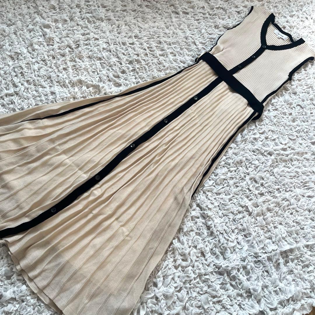 Mystrada 配色ニットワンピース 38 ベルト付 プリーツロング ホワイト