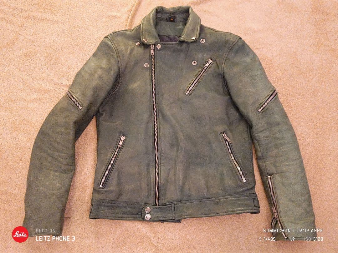 RIDEZグリーン レザー ダブルライダースジャケット