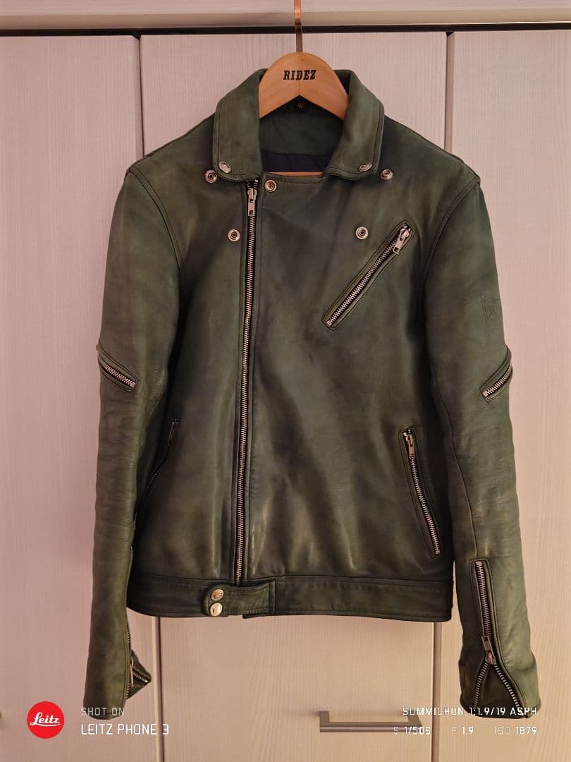 RIDEZグリーン レザー ダブルライダースジャケット