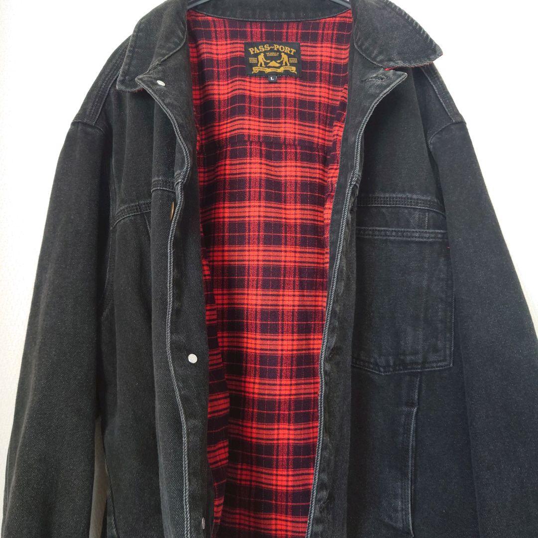 パスポート/PASSPORT ブラックデニムジャケット チェック裏地付き　L