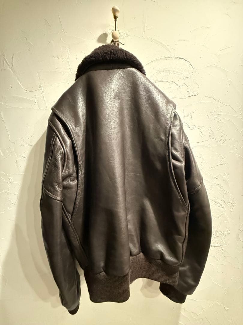 ダークブラウン ボア襟 ボンバージャケット　レザージャケット　48